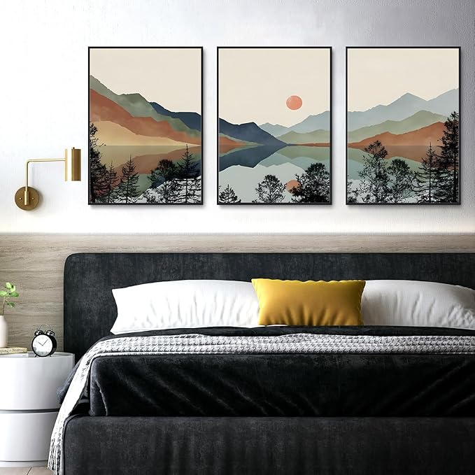 Bwodke Framed Wall Art Canvas Mountain Wall Art Set of 3 Boho Watercolor Nature Landscape Picture Decor Sun Forest Prints Artwork Painting for Living Room Bedroom Office 16"x24"