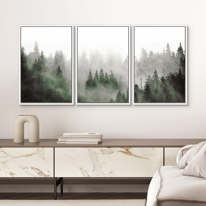 SIGNWIN Framed Canvas Print Wall Art Woodland Nursery Decor Set Fog & Mist Over Green Pine Tree Forest Nature Wilderness Modern Art Chic Landscape for Living Room, Bedroom, Office - 24"x36"x3 White