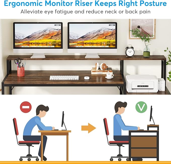 Tribesigns 63 Inch Computer Desk with File Drawer Cabinet, Ergonomic Office Desk with Monitor Stand, Industrial Computer Table with Printer Space, Wood PC Table Workstation Desk for Home Office