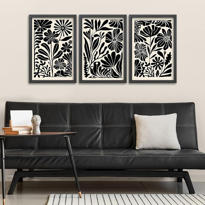 TQianJiang Flower Plant Sign Wall Decor 24"x16" Set of 3 Black And White Botanical Painting Wood Framed for Bedroom Abstract Wildflower Hanging Art (Black)