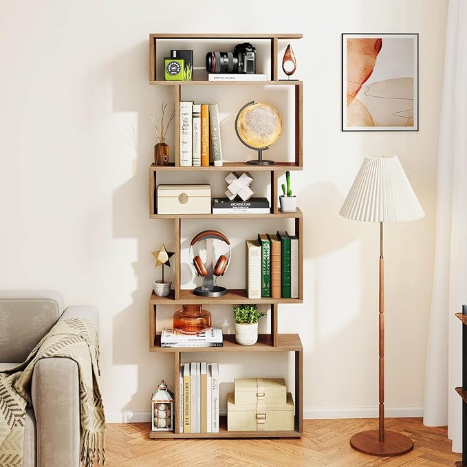 Giantex 6-Tier Geometric Bookshelves Set of 2, S-Shaped Bookcase with 2 Anti-Tipping Kits, Wooden Display Shelf, Decorative Storage Shelving Unit, Home Storage Organizer for Living Room, Natural