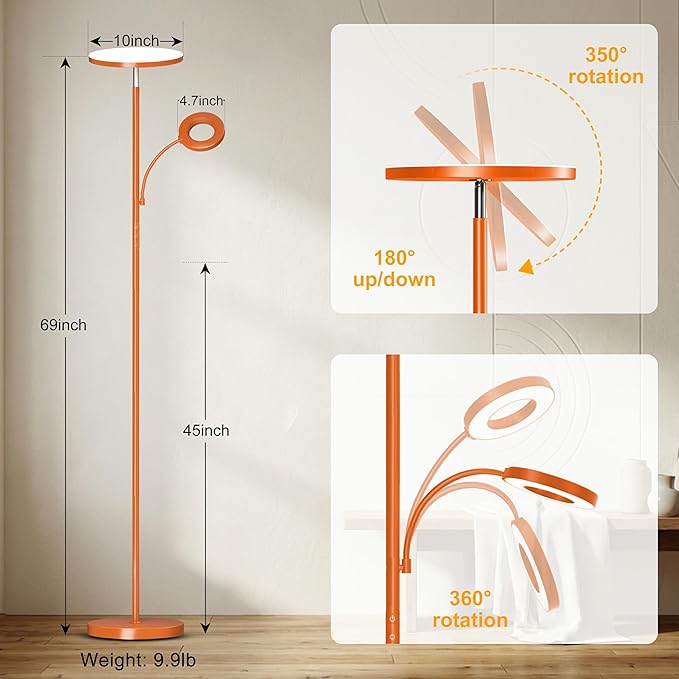 Orange Floor Lamp, 42W 4000LM Super Bright LED Lamp with Reading Light for Living Room Bedroom Office, Touch Control, Dimmable Standing Lamp with Remote