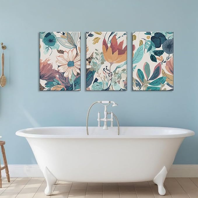 TUEASKY 3 Piece Canvas Wall Art Flower Wall Decor Botanical Pictures Floral Paintings Watercolor Prints Boho Artwork for Bedroom Bathroom Living Room