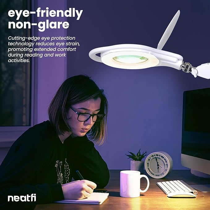 Neatfi 1,000 Lumens | LED Magnifying Lamp with Clamp | Dimmable | 3X Magnification | 3000K–6500K Light | Includes Microfiber Cloth | Light for Reading, Sewing & Crafts (White, 5-Inch Lens, 8 Diopter)