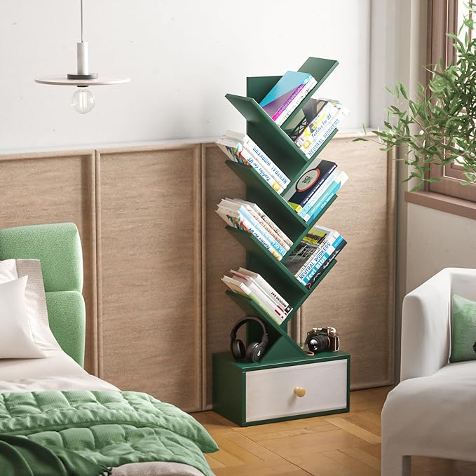 8 Tier Tree Bookshelf with Drawer, Free Standing Wood Green Bookcase for Narrow Space, Storage Organizer Bookshelves for Books, Book Case for Home Office, Living Room, Bedroom