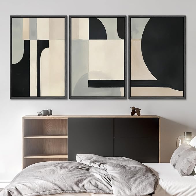 SIGNLEADER Framed Canvas Print Wall Art Set Geometric Composition Black White and Beige Abstract Illustrations Boho Decorative for Living Room, Bedroom, Office - 16"x24"x3 Black