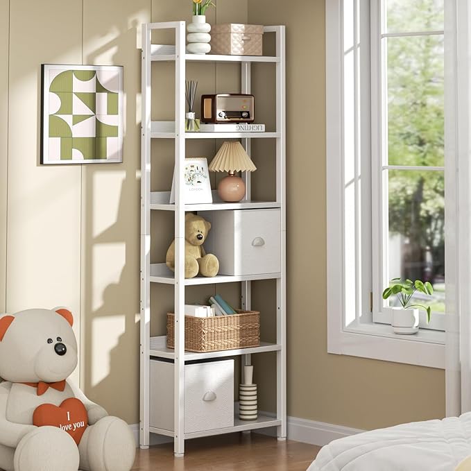Furologee White 6 Tier Bookshelf with Drawers, Tall 71" Bookcase with Shelves, Modern Wood and Metal Bookshelves Storage Organizer, Display Free Standing Shelf Unit for Bedroom, Living Room, Office