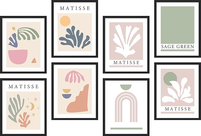 SIGNWIN Framed Poster Wall Art Set of Collage Henri Matisse Pastel Plant Blocks Nature Abstract Illustrations for Living Room, Bedroom, Office - 12"x16"x 8 Black