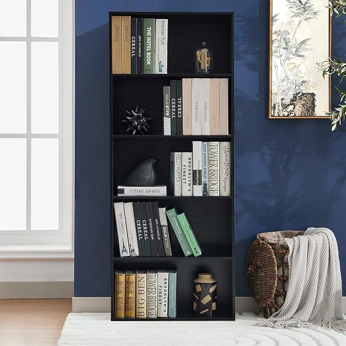 Bookshelves and Bookcases,5-Tier Open Storage Shelf, Floor Standing Display Storage Shelves for Home Office, Living Room, Bedroom, Black
