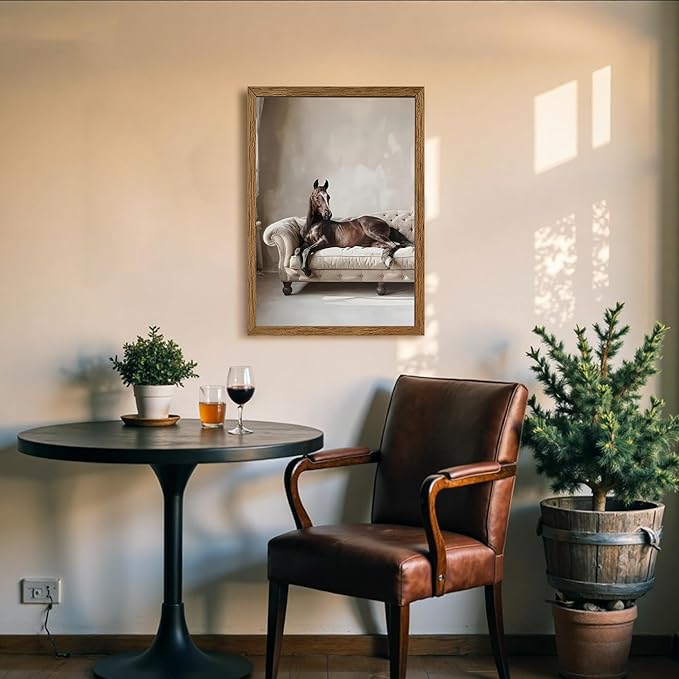 AVECCO Framed Funny Elegant Vintage Canvas Horse Wall Art, Western Brown Horse on Sofa Pictures Wall Decor, Unique Animal Art Prints for Bathroom Bedroom Living Room Office Home Decoration 16x24 Inch