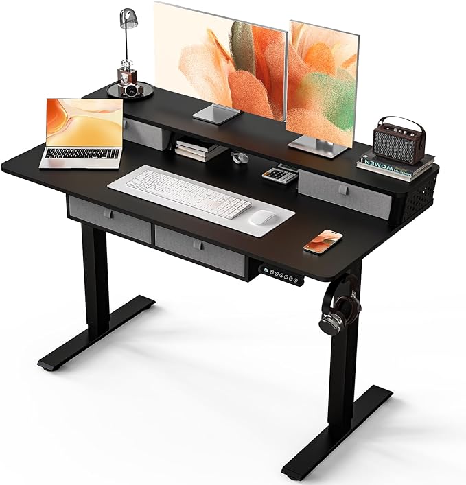 Kingant 48 x 24 Inch Electric Standing Desk with 4 Drawers, Height Adjustable Sit to Stand Computer Desk with Storage Shelf and C-Clamp Mount Compatibility for Home Office, Black