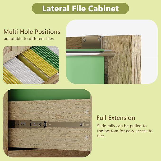 HOPUBUY Lockable 4 Drawers File Cabinet, Lateral Filing Cabinet with Printer Stand for Home Office and School, Wood Rattan File Cabinet for Hanging Files/Letter/Legal/A4/F4 Size, Natural Wood