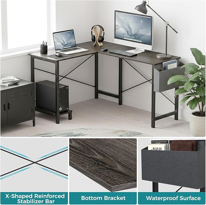 OLIXIS 50-Inch L Shaped Desk,Grey Office Computer Gaming Desks Corner PC Table with Side Bag and Reversible Shelf for Home Work Study Writing