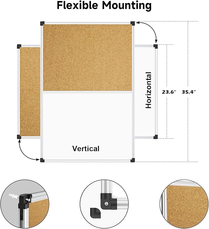 XBoard Magnetic White Board and Bulletin Corkboard Combination, 36 x 24 Inch Half Dry Erase & Cork Combo Board for wall with Aluminum Frame, 3' x 2' Notice Memo Board Tack Pin Board Vision Board