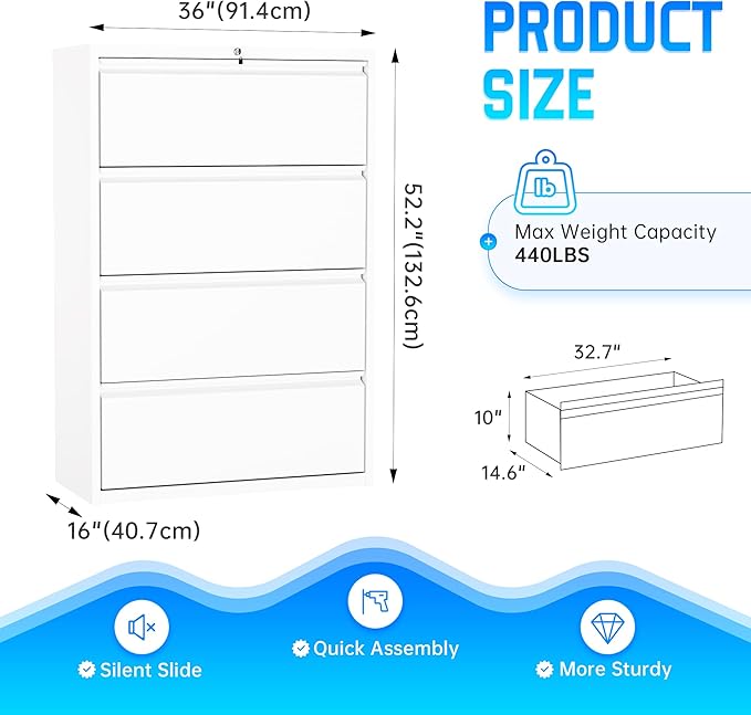 Greenvelly 4 Drawer File Cabinet, Lateral Filing Cabinet for Home Office, White Metal File Cabinet with Lock, Lockable Lateral File Cabinet with Hanging Files&Key for Letter/Legal/F4/A4 (36" W)