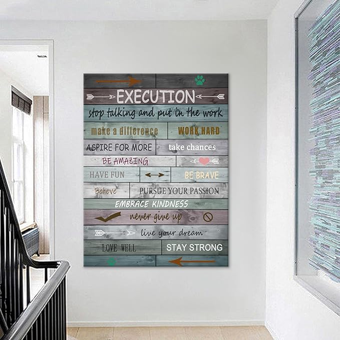 Execution Motivational Wooden Framed Canvas Wall Art Inspirational Entrepreneur Quotes Painting Poster Print Artwork for Living Room Workplace School Wall Picture Ready to Hang [30''Wx 40''H]