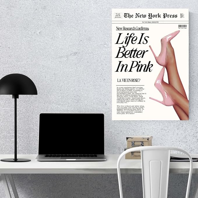 Balsuka Trendy Baby Pink Hot Girl Poster Life Is Better In Pink Newspaper Wall Art Retro High Heel Picture 70s News Headline Canvas Prints Aesthetic Decor for Girly Bedroom Dorm 8x12inch Unframed