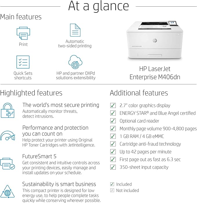 HP LaserJet Enterprise M406dn Monochrome Duplex Printer (3PZ15A) (Renewed)