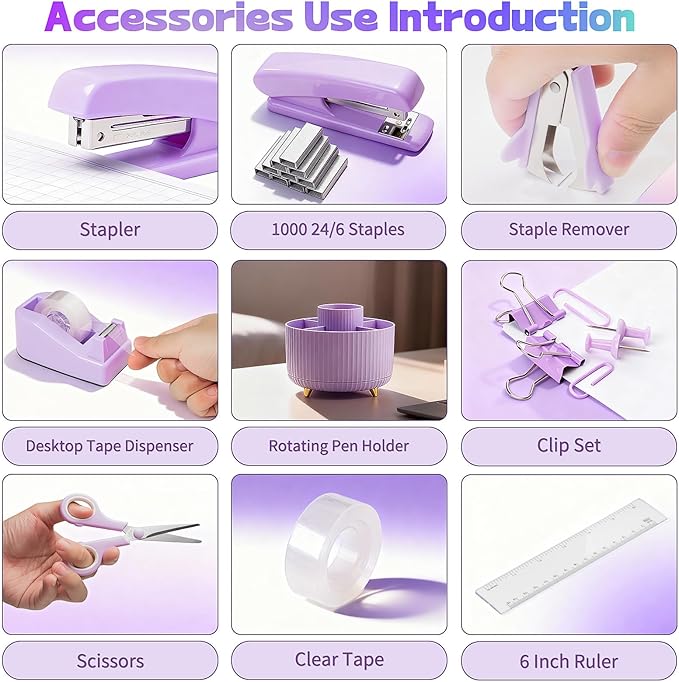 10pcs Purple Office Accessories for Women, Office Supplies Set, Desk Organizer with 360° Rotating Pen Holder, Stapler, Staple Remover, Tape Dispenser, Scissor, Ruler, Gift for Students, Office Clerks