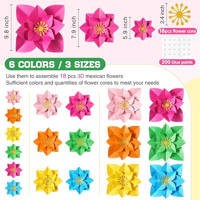 18 Pcs Paper Flowers Decor for Wall DIY Flower Bulletin Board 3D Spring Fiesta Mexican Paper Floral Decoration for Photo Backdrop Classroom Back to School Party(Pointed-Leaf Clover,Rainbow)