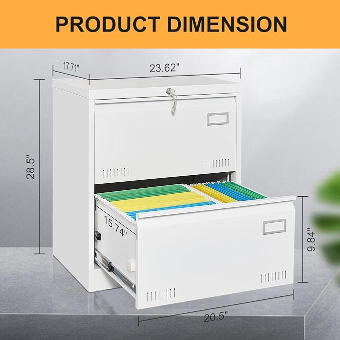 GREATMEET 2 Drawer Lateral File Cabinet,Lateral Filing Cabinet with Lock,Metal Lateral File Cabinet for Letter/Legal/F4/A4 Size with Hanging Bars,White