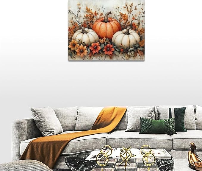 Fall Pumpkin Wall Art Autumn Leaf Pictures Wall Decor Maple Leaves Canvas Painting Modern Artwork Home Decoration for Living Room Bathroom Bedroom Office Framed 16"x12"