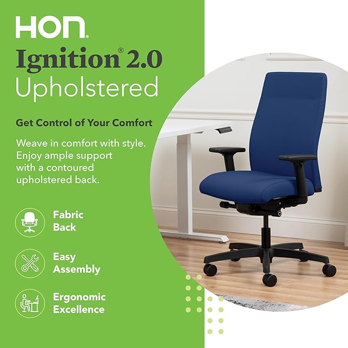 HON Ignition 2.0 Fabric Office Chair, Upholstered, Adjustable Arms, Advanced Synchro-Tilt Recline Executive Ergonomic Office Chair, Black Frame, Indigo