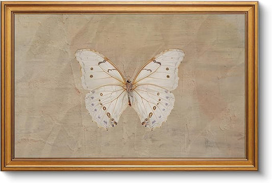 VIYYIEA Vintage Gold Framed Wall Art for Living Room, White Butterfly Canvas Prints Home Decor, Oil Painting Picture, Bedroom Wall Decor Gifts for Friends or Family -【Morpho polyphemus】-(24L x 16W)