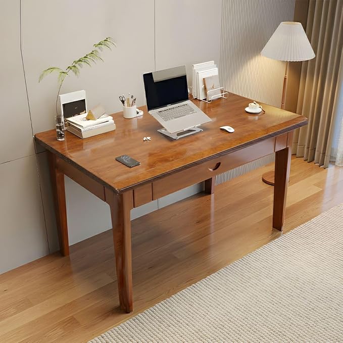 RUNNUP Modern Wood Writing Desk with 1 Drawer 31.5" Home Office Desk Simple Study Desk for Small Spaces, Without Chairs Nut-Brown