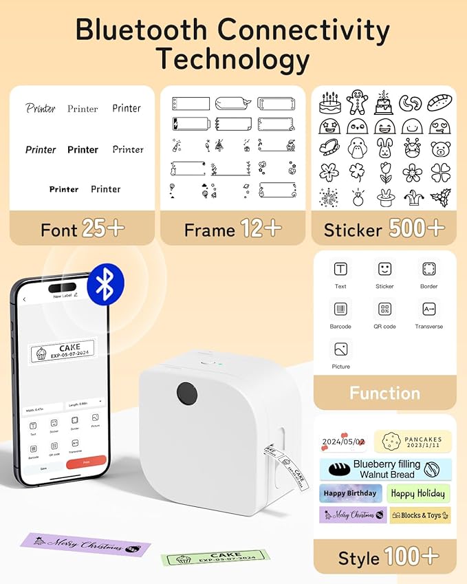 Phomemo Label Maker Machine with 4 Tapes, P12 Bluetooth Small Label Maker with Multiple Templates Thermal Transfer Ribbon Printer Machine for Home, School, Gift Wrapping, Office, White