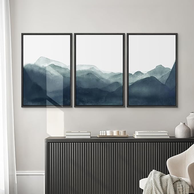 SIGNWIN Framed Canvas Print Wall Art Blue & Green Mountains in Fog Nature Wilderness Illustrations Modern Art Rustic Scenic Relax/Calm Cool for Living Room, Bedroom, Office - 24"x36"x3 Black