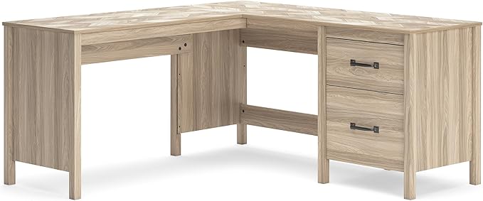 Signature Design by Ashley Battelle Casual L-Shaped Chevron Pattern 60" Home Office Desk with Return, Drawer and Cabinet, Light Brown