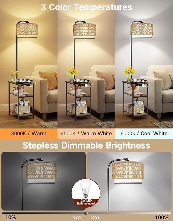 Floor Lamp with Table & Rattan Shade, Side End Table with Charging Station, Dimmable Nightstand with 3 Color Temperatures, 1-Hour Timer, 12W LED Bulb, for Living Room, Bedroom(Rustic Brown)