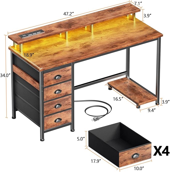 Furologee Computer Desk with Power Outlets & Monitor Stand, 47 Inch Reversible Gaming Desk with LED Lights & 4 Fabric Drawers, Writing Work Table for Home Office, Bedroom, Rustic Brown
