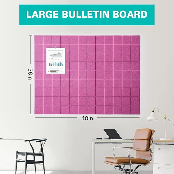 Cork Board for Walls 48" x 36", Bulletin Board for Office Decor, 12 Pack Felt Wall Tiles with Safe Removable Adhesive, Pin Tack Corkboard for Quilting Design & Dart Wall Protector - Dusty Rose
