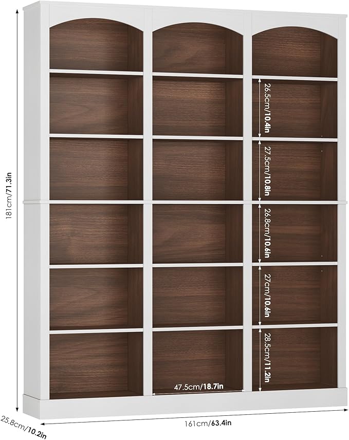 FACBOTALL 71" Triple Wide Bookshelf, 6 Tier Tall Bookshelf, Large Bookcase with Curved Baffle, 63.4" Wide Book Shelf with 18 Open Display Shelves for Living Room, Study, Walnut and White