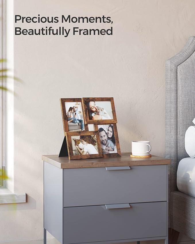 SONGMICS Collage Picture Frames, 4x6 for Wall Decor, Multi Family Photo for Gallery Decor, Hanging Display, Set of 4, Rustic Brown URPF025X01
