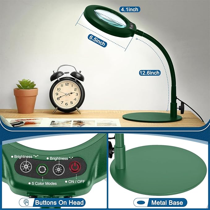 10X Magnifying Glass with Light, Real Glass Lens, 5 Color Modes Dimmable, Flexible Gooseneck Lighted Magnifier with Stand, LED Desk Lamp Hands Free for Crafts Painting Reading Close Work, Green