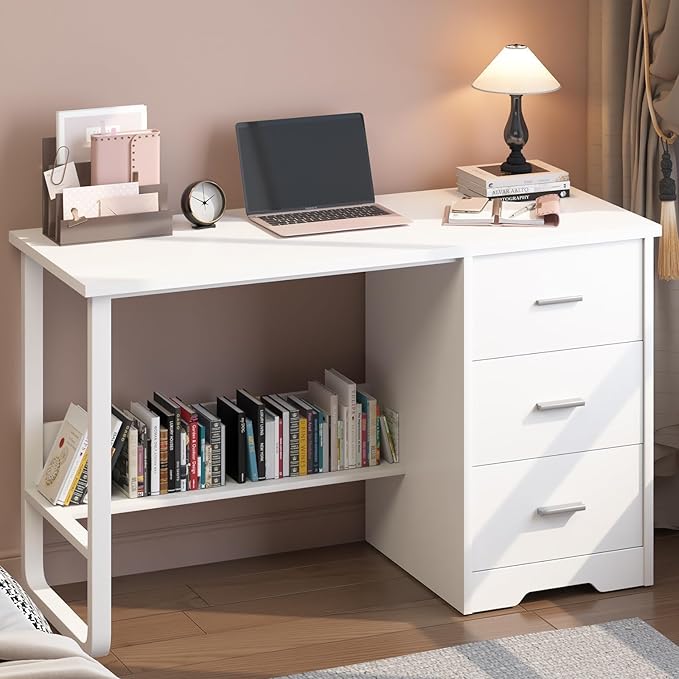 White Desk with Drawers, 47 Inch Computer Desk with 3 Drawers for Bedroom, Study Desk with Drawers for Small Spaces, Bottom Shelves