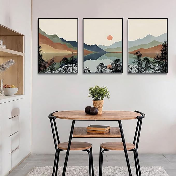 Bwodke Framed Wall Art Canvas Mountain Wall Art Set of 3 Boho Watercolor Nature Landscape Picture Decor Sun Forest Prints Artwork Painting for Living Room Bedroom Office 16"x24"