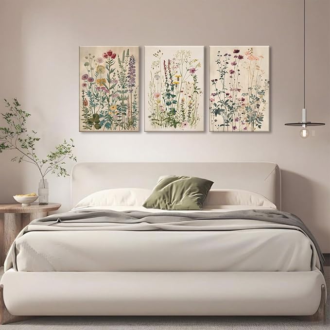 TUEASKY 3 Piece Canvas Wall Art Wildflower Wall Decor Botanical Pictures Floral Paintings Vintage Prints Watercolor Artwork for Bedroom Living Room