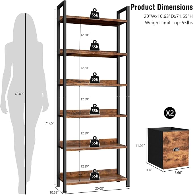 Furologee 6-Tier Bookshelf Set of 2,Tall Bookcase with 2 Drawers and Shelves, Industrial Display Free Standing Shelf Units, Storage Rack Organizer for Bedroom, Living Room, Home Office, Rustic Brown