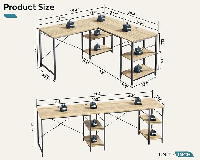 Bestier 95.2” L Shaped Desk, Reversible Corner Computer Desk or 2 Person Long Table with Adjustable Shelves, Large Writing Study Workstation with 3 Cable Holes - Oak