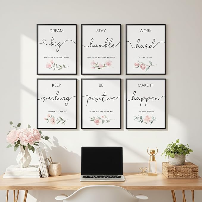 Framed Inspirational Office Wall Art Decor, 6 Piece Modern Motivational Quotes Floral Canvas Prints Artwork for Office Walls, Positive Affirmations Wall Decor for Home, Study Room, 11x14