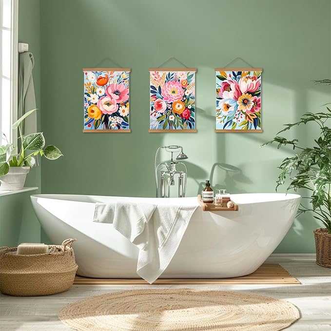 Colorful Flowers Posters Wall Art Set of 3 with Hanging Wooden Frame,Preppy Minimalist Canvas Wall Decor Prints,Vintage Beautiful Wildflower Artwork for Living Room Bedroom Bathroom Home Decor 12x16In