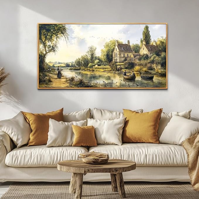 ERQINHUA Wood Framed Wall Art For Living Room Large Canvas Wall Decor For Bedroom Vintage Watercolour Painting Office Home Decoration Countryside Scenery Wall Picture Artwork Ready To Hang 20x40 In