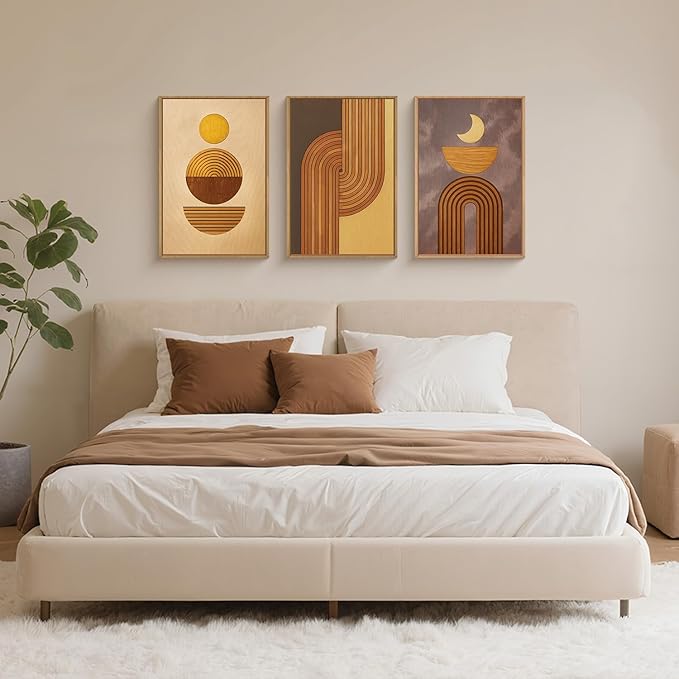 BICERE Large Boho Woodcut Framed Canvas Wall Art,Mid Century Modern Wall Decor,Abstract Geometric Brown Art Prints,Bohemian Sun and Moon Artwork for Living Room,Bedroom,Office -24"x36"x3