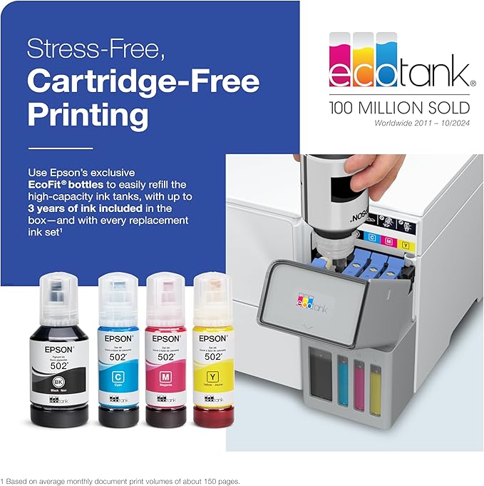 Epson EcoTank ET-3950 Wireless All-in-One Color Supertank Printer with up to 3 Years of Ink Refillable Tanks, Perfect for Home Office, 18 PPM, 2.4" Colorful Touchscreen, Auto Document Feeder - White