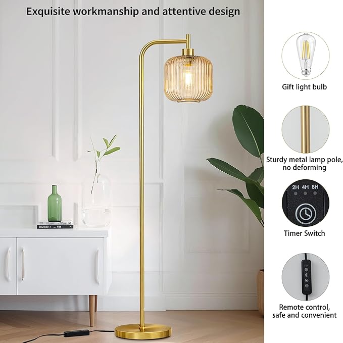 MAYNA Mid Century Modern Floor Lamp, Amber Ribbed Glass Standing Lamp with Built-in Timer Switch, Gold Tall Vintage Lamps for Living Room Bedroom, 2700K LED Bulb Included