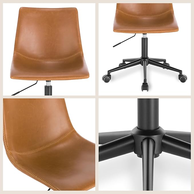 POLY & BARK Paxton Task Chair – Adjustable Height 17"-21" Swivel Office Chair with Vegan Leather Upholstery, Matte Black Steel Frame, and Caster Wheels – Cognac Tan